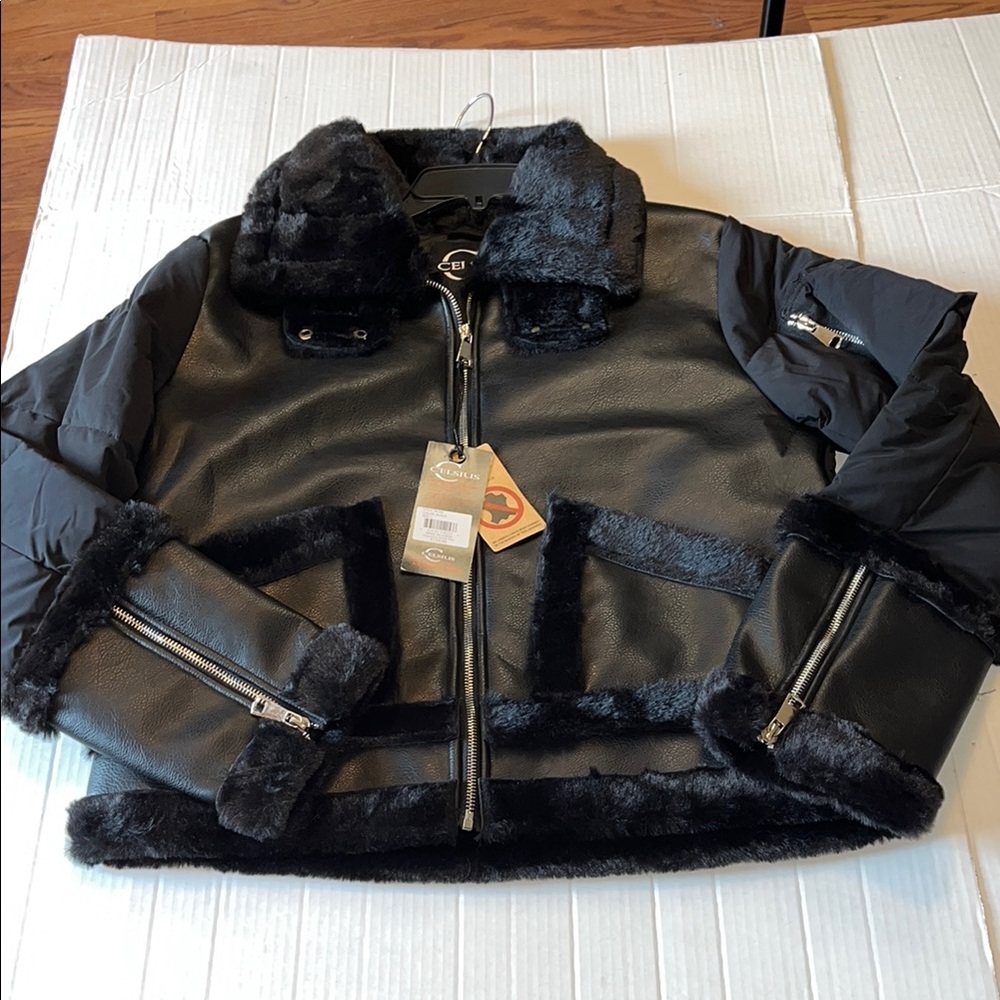 NWT-Celsius-L-Black-vegan leather and fur, zippers, biker core, bomber jacket.